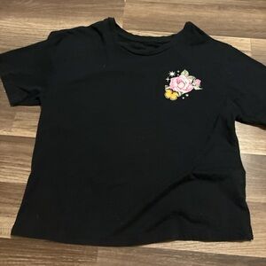 Kids Black Tee with Floral Embroidery